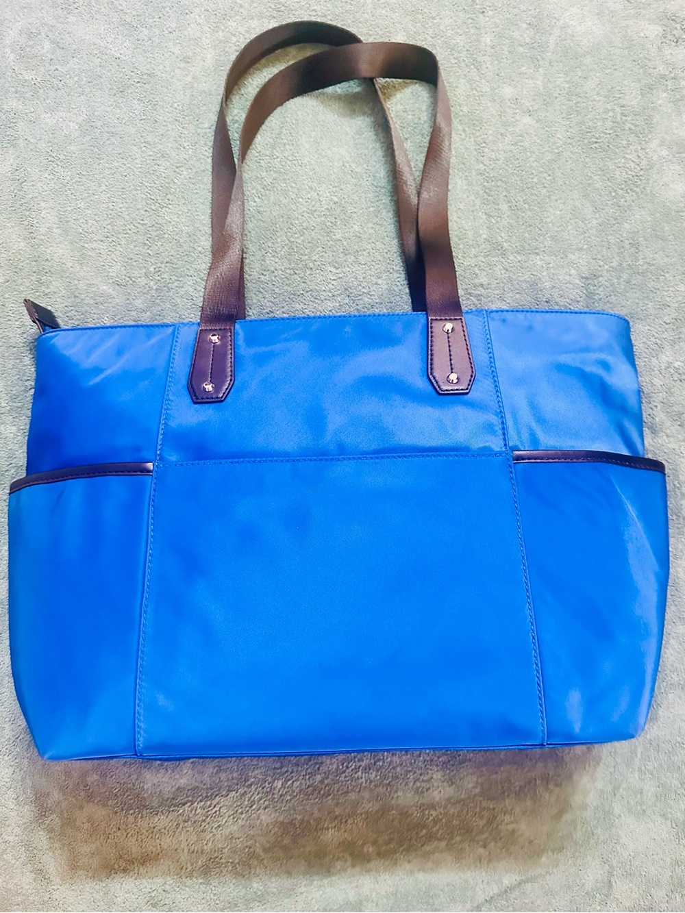 Michael Kors Jet Set Travel Blue Nylon Tote Bag Large Zip Top Shoulder Bag - Picture 3 of 7